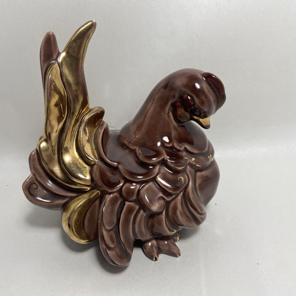 Ceramic Brown Hen with Gold Glazed Tail Figurine Vintage 5 inch No brand -Chips
